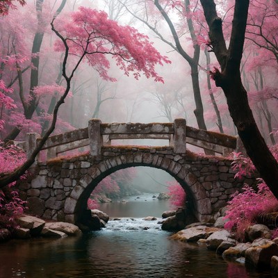 Pink Cherry Blossom Forest Bridge