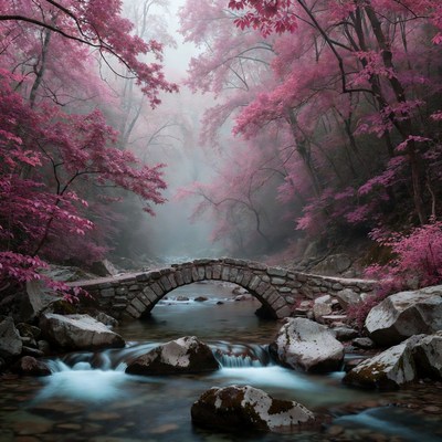 Pink Cherry Blossom Forest Bridge