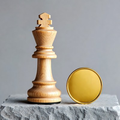 Wooden Chess King and Gold Coin