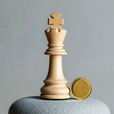 Wooden Chess King on Gray Pebble with Gold Coin