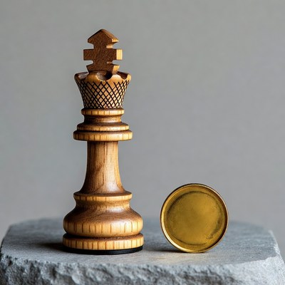 Wooden Chess King and Gold Coin