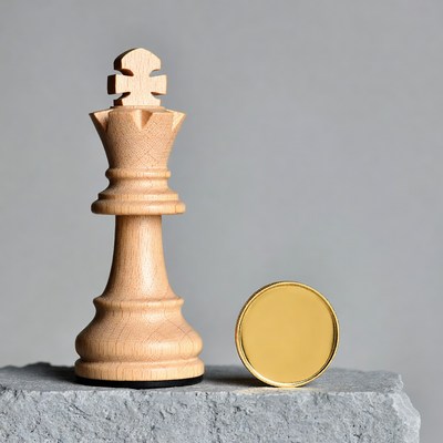 Wooden Chess King and Gold Coin