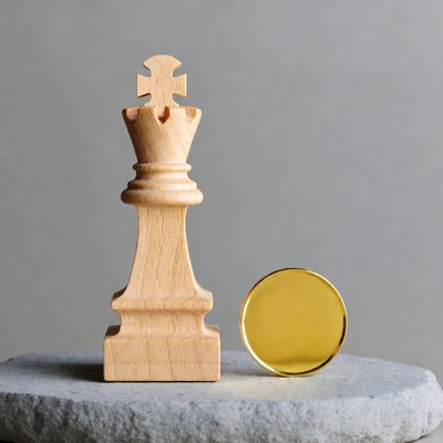 Wooden Chess King and Gold Coin