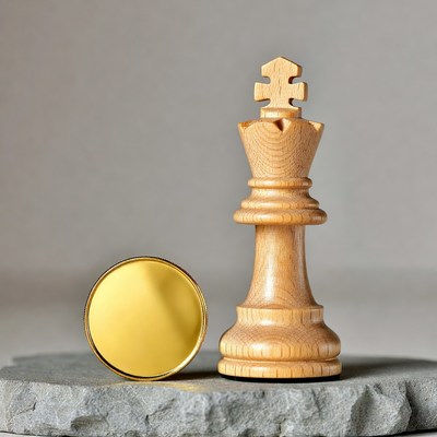 Gold coin beside wooden chess king