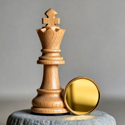 Wooden Chess King and Gold Coin