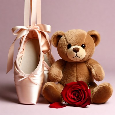 Pink Ballet Slippers with Teddy Bear and Rose