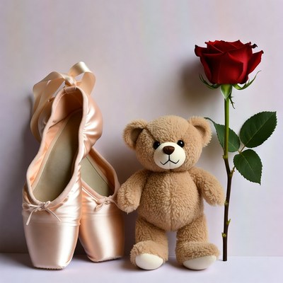 Pink Ballet Slippers with Teddy Bear and Rose