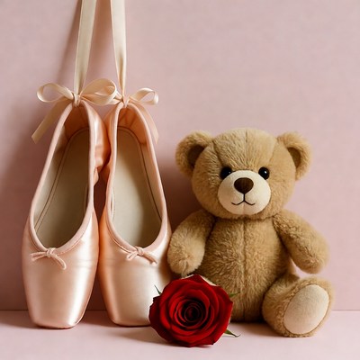 Pink Ballet Slippers with Teddy Bear and Rose