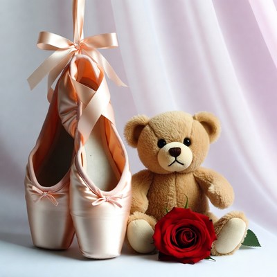 Pink Ballet Slippers with Teddy Bear and Rose