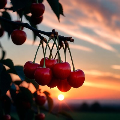 Ripe Cherries Hanging on Branch at Sunset