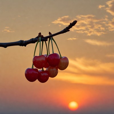 Ripe Cherries Hanging on Branch at Sunset