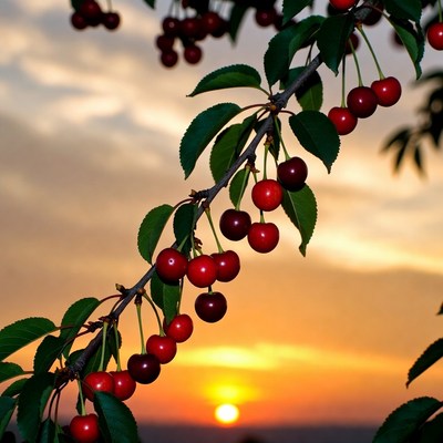 Ripe Cherries on Branch at Sunset