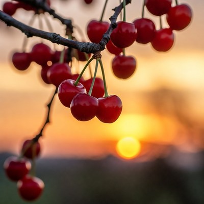 Ripe red cherries on branch at sunset