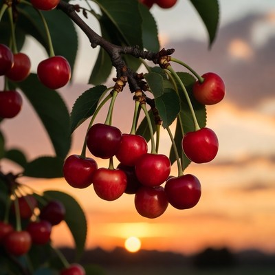 Ripe Cherries on Branch at Sunset