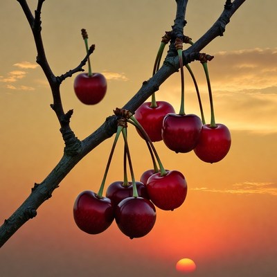 Ripe Cherries Hanging on Branch at Sunset