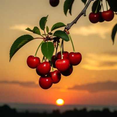 Ripe Cherries on Branch at Sunset