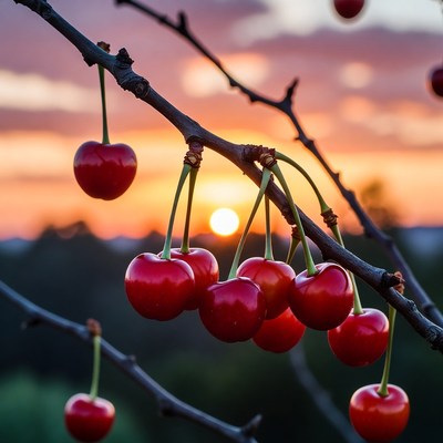 Ripe Cherries on Branch at Sunset