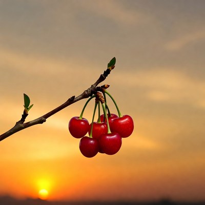 Ripe Cherries on Branch at Sunset