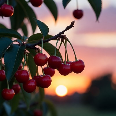 Ripe Cherries on Branch at Sunset