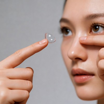 Asian woman inserting contact lens