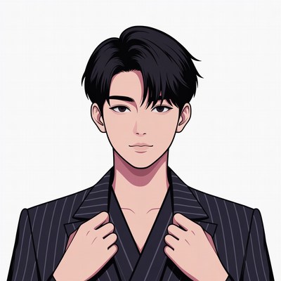 Asian man adjusting pinstripe suit