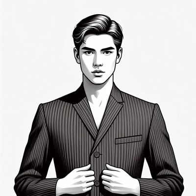 Asian man buttoning pinstripe suit