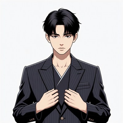 Anime man adjusting black suit