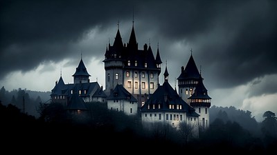 Gothic Castle in Stormy Night