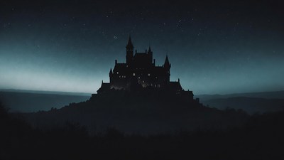 Silhouette Castle on Hill at Night