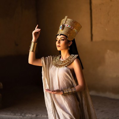Cleopatra raising hand in temple