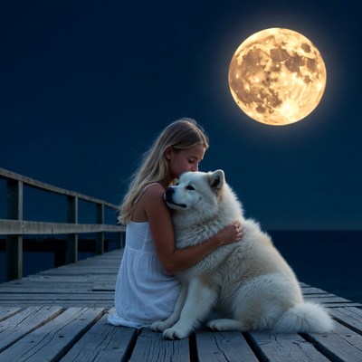 Woman hugging Samoyed dog under full moon