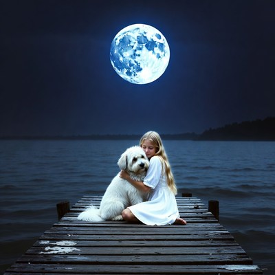 Girl hugging white dog on moonlit pier