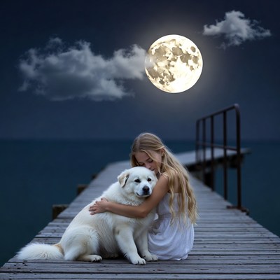 Girl hugging white dog on moonlit pier