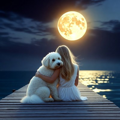 Girl hugging white dog on pier at night