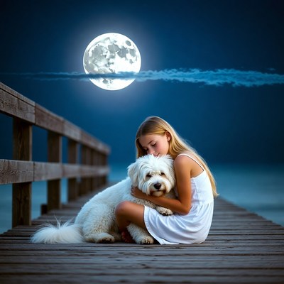 Girl hugging white dog on moonlit pier