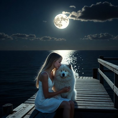 Woman hugging Samoyed dog on moonlit pier