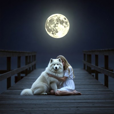 Girl hugging Samoyed dog on moonlit pier
