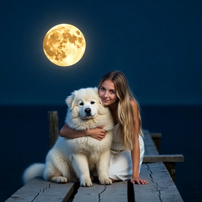 Woman hugging white dog on moonlit pier