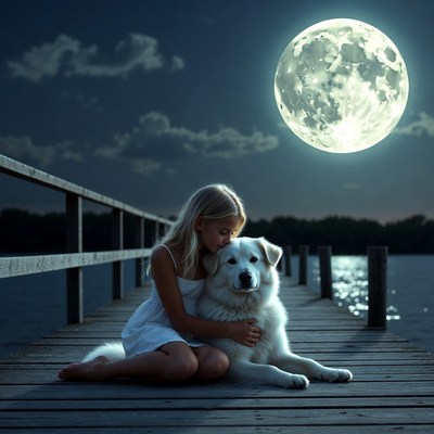 Girl hugging white dog on moonlit pier