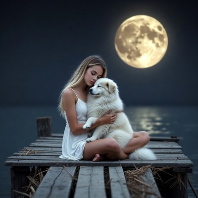 Woman hugging white Samoyed dog on dock