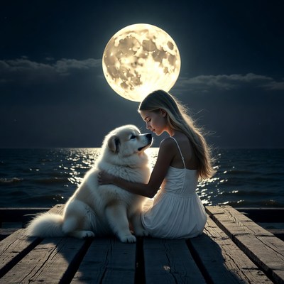 Woman hugging white dog under moonlit pier