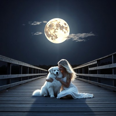 Woman hugging Great Pyrenees under full moon