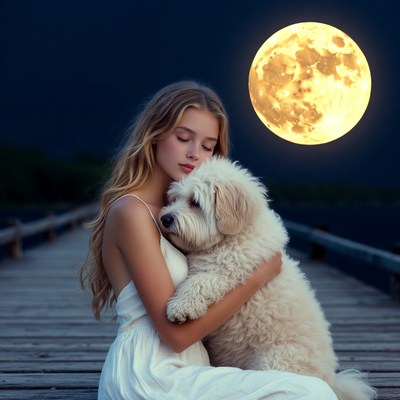 Woman hugging white dog on pier