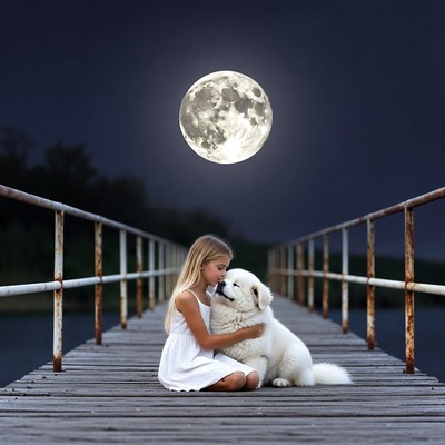Girl hugging white dog on moonlit pier