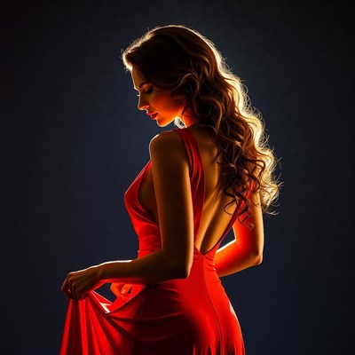 Woman in red backless dress silhouette