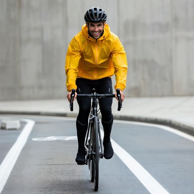 Man cycling in yellow rain jacket