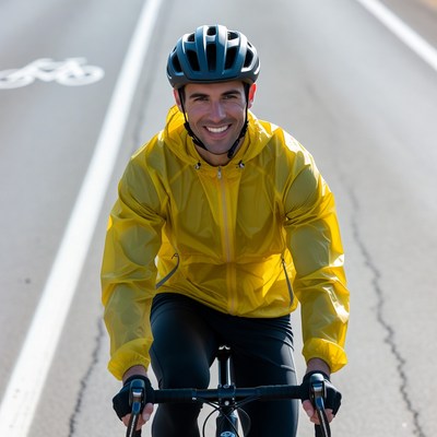 Man cycling in yellow rain jacket
