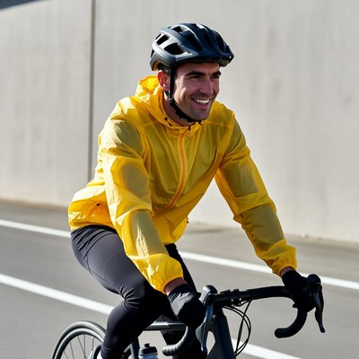 Man cycling in yellow jacket helmet
