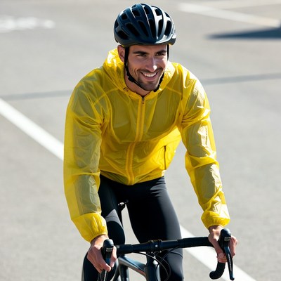 Man cycling in yellow rain jacket