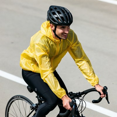Man cycling in yellow rain jacket